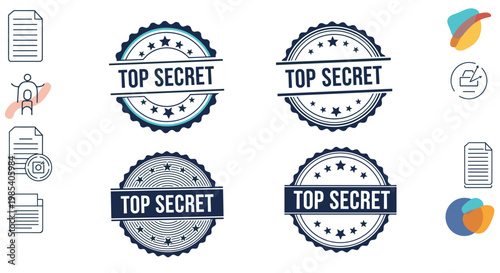 Collection of top secret circular rubber stamps with document file icons and abstract shapes for confidential information.