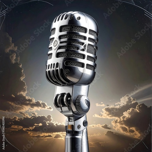 A vintage microphone stands against a dramatic cloudy sky backdrop