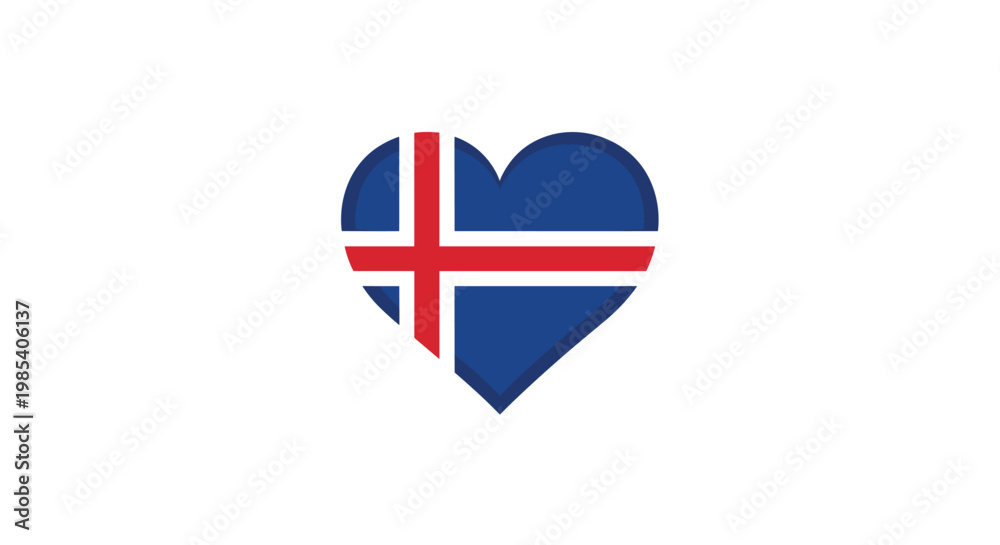 Fototapeta premium Heart shaped national flag of Iceland featuring its red and white cross on a dark blue background on a white background.