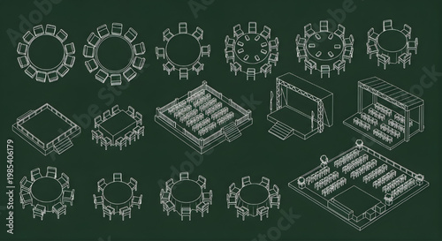 Outdoor Dining and Event Area Layout with Round Tables Blueprint Icon Set – Multi View AutoCAD Landscape Technical Drawing White Outline on Dark Green Background