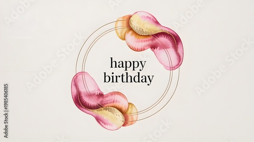 Happy Birthday with watercolor abstract art frame. Golden circle, pink and yellow fluid shapes, festive greeting card design on elegant background.