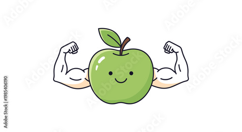 Humorous green apple character with strong muscular human arms flexing to represent health strength and fitness goals.