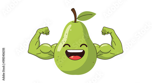 Strong healthy pear character with muscular human arms flexing and a happy face for fitness and nutrition concepts.