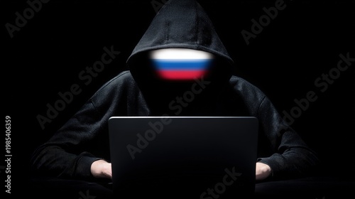 Russian hacker stealing data. Cyber front in global world, hackers who work for their government. A hacker bound with Russian Federation is meddling the elections