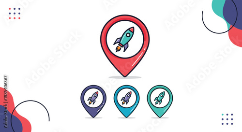 Set of four colorful location pin icons with rocket ship symbols indicating fast delivery and startup locations on map.