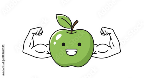 Powerful green apple character with strong muscular arms and a happy smiling face promoting fitness and healthy nutrition.