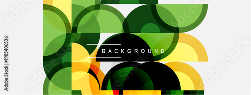 Abstract geometric pattern. Overlapping circles, rectangles create vibrant design. Green, yellow hues dominate composition. Text reads BACKGROUND.
