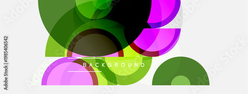 Abstract geometric shapes overlap, creating vibrant color layers. Design features green, pink, brown hues on white backdrop. Minimalist style.