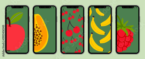  fruit poster tropical fruits lay out background smartphone mockup, screen layout 