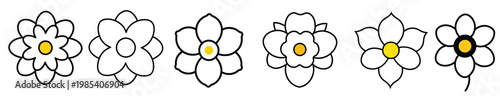 six simple line art flower designs for coloring or illustration 
