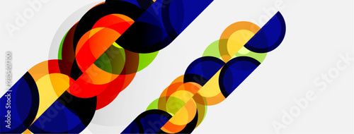 Abstract colorful overlapping circles create dynamic diagonal pattern. Bright hues contrast against white background. Modern design element.