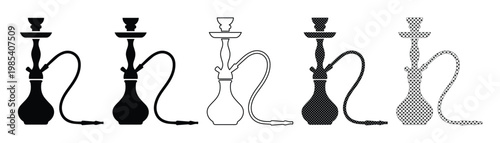 Hookah shisha silhouette icons set, traditional smoking water pipe vector collection, black and white oriental nargile symbols for lounge bar