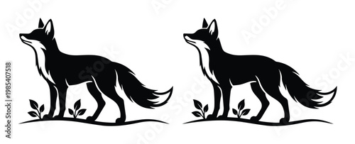 Minimalist fox silhouette vector, black wild animal profile standing on ground, elegant forest fox logo icons for branding and outdoors design