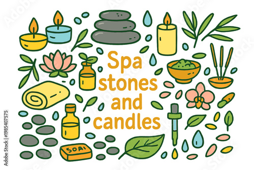 Spa Wellness Doodles. Spa stones and candles. Hand-drawn doodle illustration of spa stones and candles.