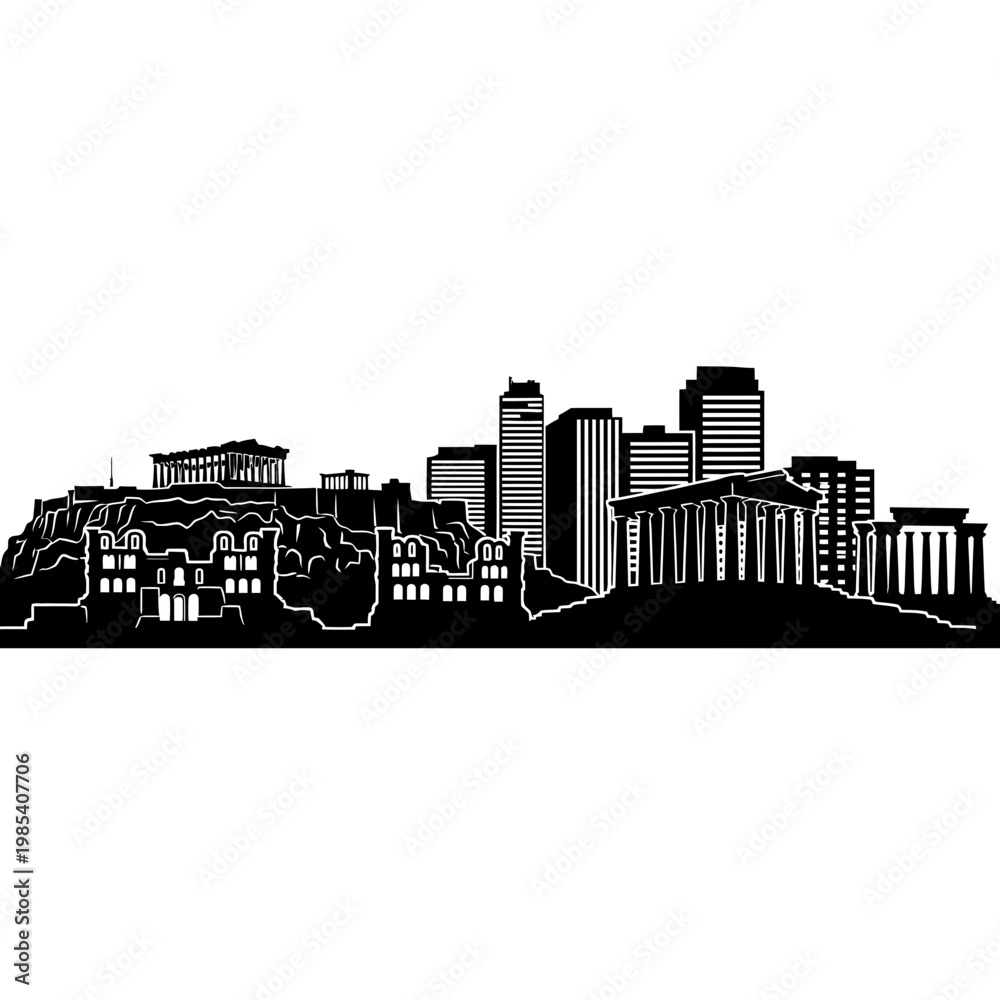 Obraz premium Athens Skyline Silhouette: Ancient Acropolis Meets Modern Cityscape