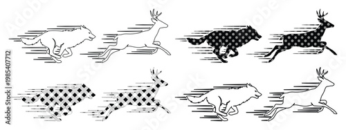 Running wolf and deer silhouettes with motion lines, set of 8 animal vector icons, fast predator and prey hunting concept, black and white wildlife graphics