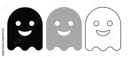 Minimalist ghost icon set, cute smiling phantom characters in black and grey, flat vector halloween spirits for game UI and web design