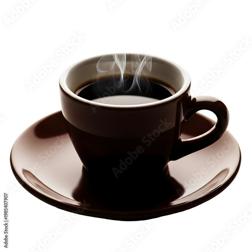 Coffee cup on saucer with steam transparent background studio shot