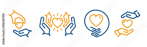 Charity and donation icons, give help to those in need, hands holding heart, donate icon set, line symbols on white background - editable stroke vector illustration eps10