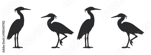 Heron bird silhouette vector set, black egret and crane standing icons, 4 bird elements for nature logo design and wildlife branding