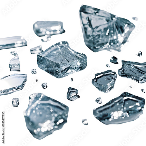 Shattered glass fragments against transparent background modern design element