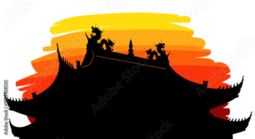 Silhouette of intricate Chinese temple roof with ornate dragon sculptures against a vibrant sunset sky