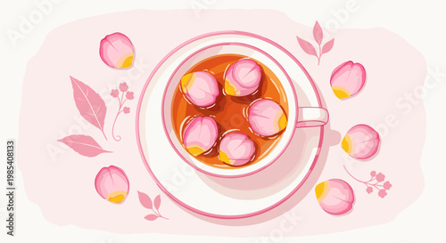 Illustration of a tea cup filled with vibrant tea and floating flower petals, surrounded by delicate floral designs on a soft pink background