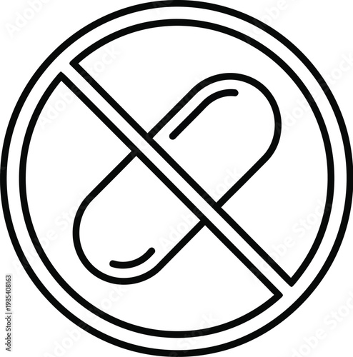 Black outline icon showing a prohibited pill shape inside a circular warning sign isolated on a plain white background surface