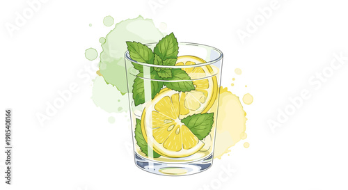 Refreshing detox drink illustration featuring lemon slices and mint leaves in a clear glass with watercolor splashes on a white background