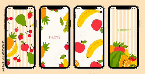 summer poster with tropical fruits lay out background. Vector illustration holiday season banner and collection, smartphone mockup, screen layout 