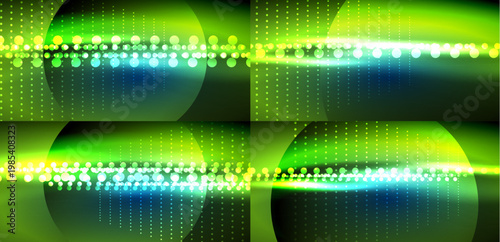 Bright green abstract background. Glowing lines, circles create dynamic visual effect. Dark backdrop enhances luminosity.