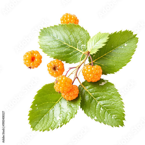 Branch of golden berries with fresh green leaves against a transparent background