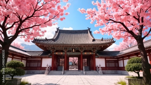 Traditional Korean Temple Gate Under Pink Cherry Blossom Trees