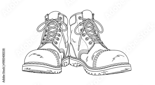 Illustration of sturdy work boots with a dirty texture, emphasizing ruggedness and durability, drawn in black and white with a focus on detailed laces and soles