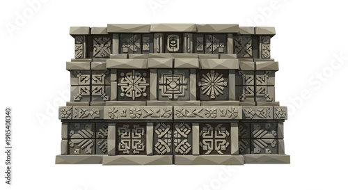 Intricate stone temple wall adorned with geometric patterns, displaying ancient architectural design on a white background