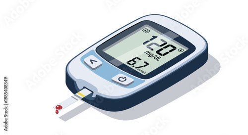 Digital diabetes blood sugar meter displaying glucose level on a white background with shadow, featuring a test strip and clear digital readout
