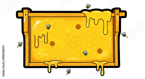 Illustration of a beehive frame dripping with golden honey, featuring detailed bee designs and hexagonal patterns on a white background
