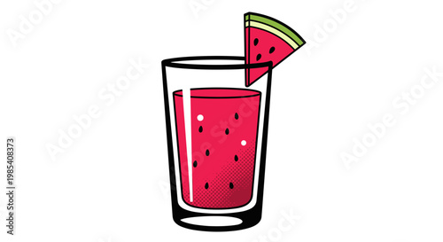 Illustration of a glass filled with vibrant watermelon juice, garnished with a fresh watermelon slice on a white background