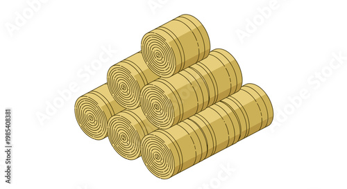 Illustration of hay bales neatly stacked in a pyramid formation, showcasing cylindrical shapes with detailed textures on a white background