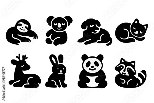 Chill Animal Icons. Chill Animal Crew. Filled icon set of Chill Animal Crew: lounging sloth, relaxed koala,