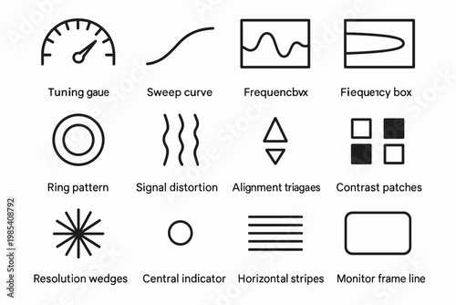 Analog Tuning Icon Set. Analog tuning graphics. Line outline icon set of Analog tuning graphics: tuning gauge,