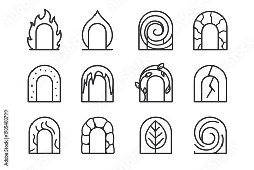 Surreal Elemental Portals. Surreal elemental doorways. Line outline icon set of surreal elemental doorways: