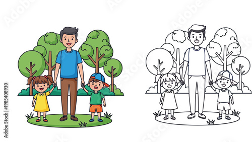 Happy father holding hands with his son and daughter in a park, set of colored vector illustration and black and white line art coloring book page for kids education and fun