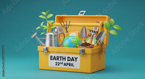 Earth Day, eco friendly, gardening tools, yellow toolbox, 22nd April