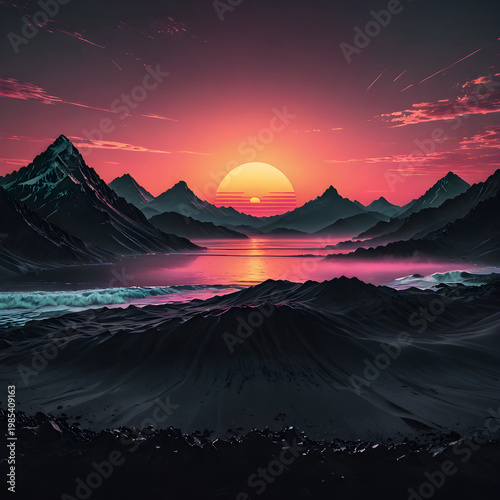 Serene Mountain Landscape at Sunset with Calm Water Reflection, Stylized Digital Illustration