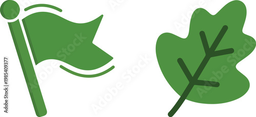 Green Flag and Oak Leaf Icons, Symbolizing Nature, Growth, and Eco-Friendly Initiatives