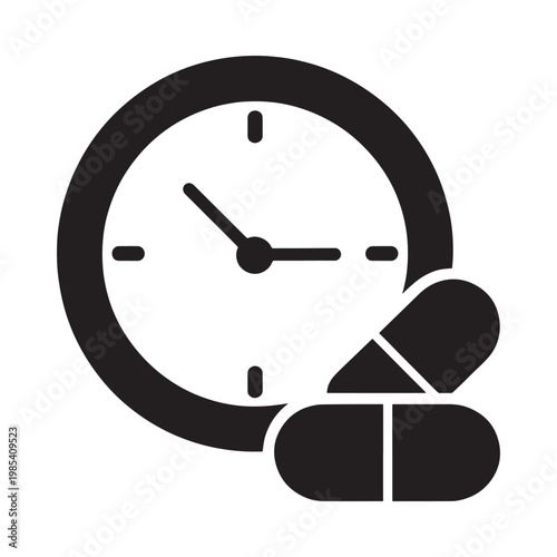 Foto A black silhouette depicts a clock face with pills below it
