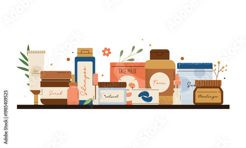Natural Cosmetic Products and Organic Skincare Bottles on Wooden Shelf Concept. Flat Vector Illustration Isolated on White Background