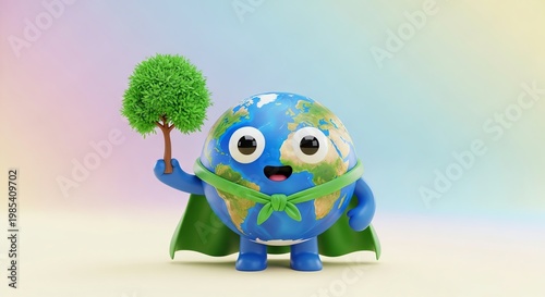 Eco friendly globe mascot, green cape, tree symbol, environmental conservation