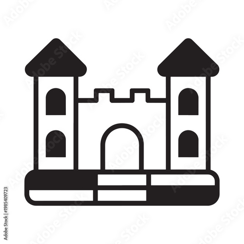 Simple black and white illustration of a castle with a bouncy house style